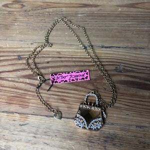 Betsey Johnson Gold Tone Rhinestone Purse Pendant Necklace 28" Adjustable Chain